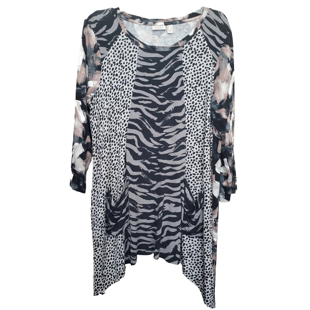 LOGO Lori Goldstein Jersey Knit Mixed Print Shark Bite Hem Tunic Size Large